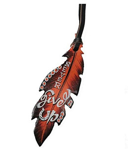 Leather Hand Painted Copper "Never Give Up" Tie-On Feather Leather Hand Painted Copper "Never Give Up" Tie-On Feather