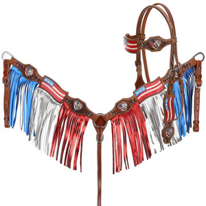Showman Painted American Flag Headstall & Breast Collar Set w/ Fringe & Reins