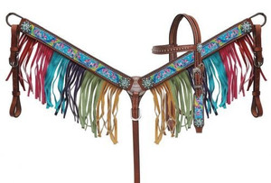 Showman Pony Headstall & Breast Collar Set w/ Rainbow Pony Design & Fringe Showman Pony Headstall & Breast Collar Set w/ Rainbow Pony Design & Fringe