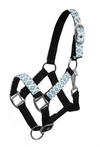 Showman Black Nylon Pony Halter w/ Teal Navajo Diamond Print Overlay Showman Black Nylon Pony Halter w/ Teal Navajo Diamond Print Overlay