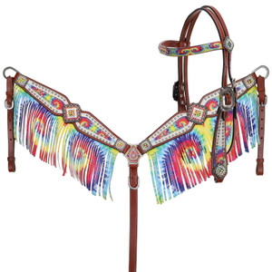 Showman Rainbow Tie Dye Headstall & Breast Collar Set w/ Fringe Showman Rainbow Tie Dye Headstall & Breast Collar Set w/ Fringe