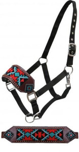Showman Bronc Halter w/ Red & Teal Beaded Southwest Design  Showman Bronc Halter w/ Red & Teal Beaded Southwest Design