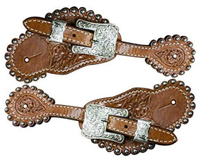 Showman Ladies Floral Tooled Leather Spur Straps w/ Engraved Silver Buckles Showman Ladies Floral Tooled Leather Spur Straps w/ Engraved Silver Buckles