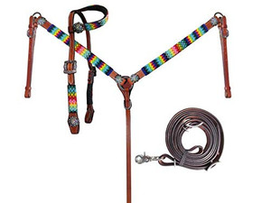 Showman Rainbow Beaded Leather Headstall & Breast Collar Set Showman Rainbow Beaded Leather Headstall & Breast Collar Set