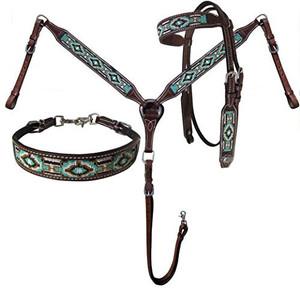 Showman Argentina Cow Leather Headstall & Breast Collar Set w/ Teal Navajo Beaded Inlays Showman Argentina Cow Leather Headstall & Breast Collar Set w/ Teal Navajo Beaded Inlays