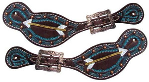Showman Ladies Dark Brown Leather Spur Straps w/ Painted Turquoise Arrow Design  Showman Ladies Dark Brown Leather Spur Straps w/ Painted Turquoise Arrow Design