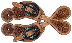 Showman Youth Floral Tooled Medium Leather Spur Straps w/ Turquoise Stones Showman Youth Floral Tooled Medium Leather Spur Straps w/ Turquoise Stones