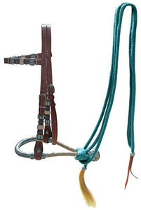 Showman Leather Bosal Headstall w/ Teal Rawhide Braided Bosal & Mecate Reins Showman Leather Bosal Headstall w/ Teal Rawhide Braided Bosal & Mecate Reins