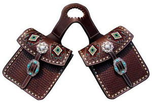 Showman Basket Weave Tooled Leather Horn Bag w/ Beaded Inlays & Turquoise Stone Buckles Showman Basket Weave Tooled Leather Horn Bag w/ Beaded Inlays & Turquoise Stone Buckles