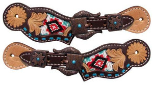 Showman Youth Tooled Leather Spur Straps w/ Beaded Navajo Inlays Showman Youth Tooled Leather Spur Straps w/ Beaded Navajo Inlays