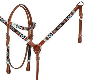 Showman Teal & Red Navajo Beaded Leather Headstall & Breast Collar Set Showman Teal & Red Navajo Beaded Leather Headstall & Breast Collar Set