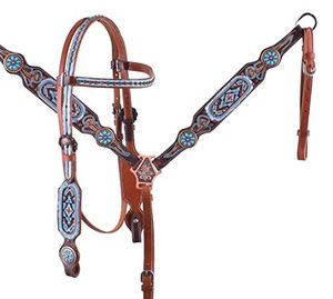 Showman Leather Headstall & Breast Collar Set w/ Light Blue & Burgundy Beaded Design