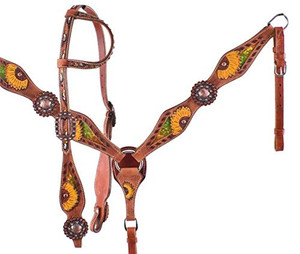 Showman Painted Sunflower Headstall & Breast Collar Set w/ Multi-Colored Metallic Inlay