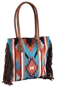Showman Genuine Leather Teal & Orange Saddle Blanket Handbag w/ Fringe Showman Genuine Leather Teal & Orange Saddle Blanket Handbag w/ Fringe