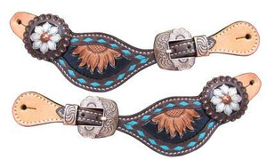 Showman Ladies Sunflower Tooled Spur Straps w/ Turquoise Buckstitch Trim Showman Ladies Sunflower Tooled Spur Straps w/ Turquoise Buckstitch Trim
