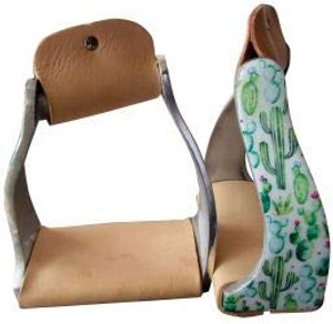 Showman Lightweight Twisted Angled Aluminum Stirrups w/ Cactus Design & Leather Tread Showman Lightweight Twisted Angled Aluminum Stirrups w/ Cactus Design & Leather Tread