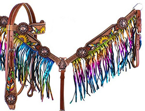 Showman Feather, Sunflower & Cactus Headstall & Breast Collar Set w/ Metallic Rainbow Fringe Showman Feather, Sunflower & Cactus Headstall & Breast Collar Set w/ Metallic Rainbow Fringe