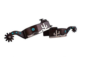 Showman Men's Brown Steel Spurs w/ Silver Desert Overlay & Teal Marble Studs Showman Men's Brown Steel Spurs w/ Silver Desert Overlay & Teal Marble Studs