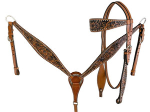 Showman Floral Tooled Leather Browband Headstall & Breast Collar Set Showman Floral Tooled Leather Browband Headstall & Breast Collar Set
