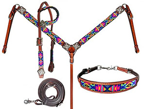 Showman Bright Color Beaded Tribal Design Leather Headstall & Breast Collar Set Showman Bright Color Beaded Tribal Design Leather Headstall & Breast Collar Set