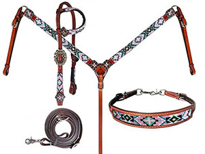 Showman Leather Headstall & Breast Collar Set w/ Pastel Beaded Southwest Design Showman Leather Headstall & Breast Collar Set w/ Pastel Beaded Southwest Design