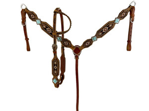 Showman Leather Single Ear Headstall & Breast Collar Set w/ Beaded Southwest Design Showman Leather Single Ear Headstall & Breast Collar Set w/ Beaded Southwest Design