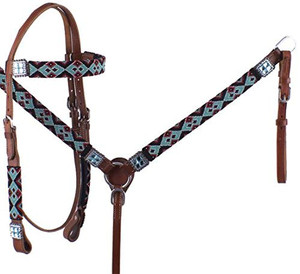 Showman Teal & Red Navajo Beaded Browband Headstall & Breast Collar Set Showman Teal & Red Navajo Beaded Browband Headstall & Breast Collar Set