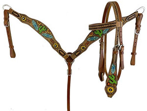 Showman Leather Headstall & Breast Collar Set w/ Hand Painted Sunflower & Cactus Design Showman Leather Headstall & Breast Collar Set w/ Hand Painted Sunflower & Cactus Design