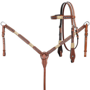 Showman Rawhide Braided Basketweave Tooled Headstall & Breast Collar Set w/ Turquoise Studs Showman Rawhide Braided Basketweave Tooled Headstall & Breast Collar Set w/ Turquoise Studs