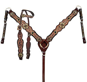 Showman Leather Single Ear Headstall & Breast Collar Set w/ Cheetah Print Showman Leather Single Ear Headstall & Breast Collar Set w/ Cheetah Print