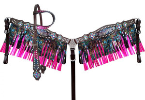 Showman Leather Headstall & Breast Collar Set w/ Rainbow Metallic Inlays & Fringe Showman Leather Headstall & Breast Collar Set w/ Rainbow Metallic Inlays & Fringe