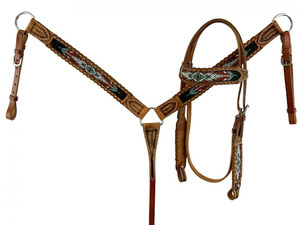 Showman Beaded Leather Headstall & Breast Collar Set w/ Rawhide Accents Showman Beaded Leather Headstall & Breast Collar Set w/ Rawhide Accents