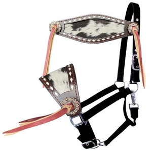Showman Nylon Bronc Halter w/ Leather Hair-On Cowhide Noseband Showman Nylon Bronc Halter w/ Leather Hair-On Cowhide Noseband