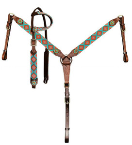 Showman Headstall & Breast Collar Set w/ Teal & Coral Southwest Woven Fabric Overlay