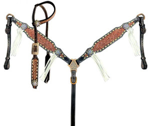 Showman Two-Tone Floral Tooled Single Ear Leather Headstall & Breast Collar Set Showman Two-Tone Floral Tooled Single Ear Leather Headstall & Breast Collar Set