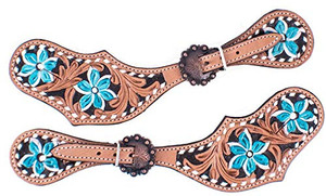 Showman Ladies Hand Painted Turquoise Flower Leather Spur Straps Showman Ladies Hand Painted Turquoise Flower Leather Spur Straps