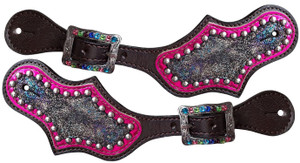 Showman Ladies Pink & Rainbow Metallic Leather Spur Straps Showman Ladies Pink & Rainbow Metallic Leather Spur Straps