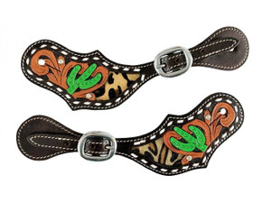Showman Ladies Leather Spur Straps w/ Cactus & Hair-On Cheetah Inlay Showman Ladies Leather Spur Straps w/ Cactus & Hair-On Cheetah Inlay
