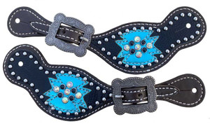 Showman Ladies Leather Spur Straps w/ Black & Teal Southwest Accent Showman Ladies Leather Spur Straps w/ Black & Teal Southwest Accent