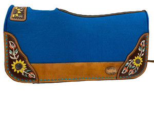 Klassy Cowgirl 28"x30" Barrel Style Blue Felt Saddle Pad w/ Feather & Sunflower Design