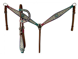 Showman Rainbow Leather Cowhide Inlay Single Ear Headstall & Breast Collar Set Showman Rainbow Leather Cowhide Inlay Single Ear Headstall & Breast Collar Set