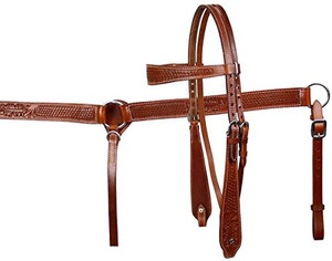 Showman Basket Weave Tooled Leather Headstall, Breast Collar & Reins Set Showman Basket Weave Tooled Leather Headstall, Breast Collar & Reins Set