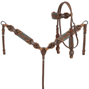 Showman Leather Browband Headstall & Breast Collar Set w/ Flower Tooling & Teal Buckstitch