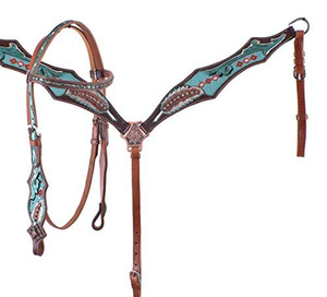 Showman Headstall & Breast Collar Set w/ Turquoise Beaded Inlays & Painted Feathers Showman Headstall & Breast Collar Set w/ Turquoise Beaded Inlays & Painted Feathers