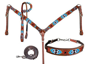 Showman Red & Turquoise Beaded Southwest Design Headstall & Breast Collar Set Showman Red & Turquoise Beaded Southwest Design Headstall & Breast Collar Set