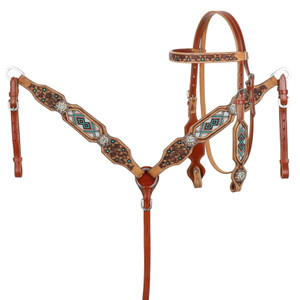 Showman Leather Browband Headstall & Breast Collar Set w/ Beaded Inlay