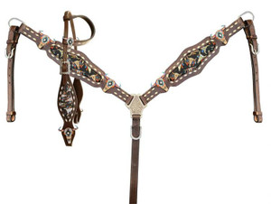 Showman Dark Leather Headstall & Breast Collar Set w/ Cow Skull Design Inlay