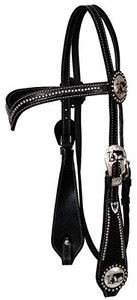 Showman Silver Beaded V Brow Leather Headstall w/ Reins