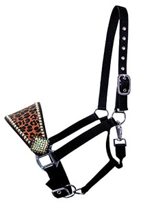 Showman Nylon Bronc Halter w/ Cheetah Print Leather Noseband. Showman Nylon Bronc Halter w/ Cheetah Print Leather Noseband.