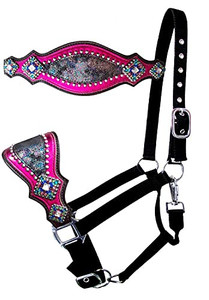 Showman Bronc Halter w/ Pink & Rainbow Metallic Leather Noseband Showman Bronc Halter w/ Pink & Rainbow Metallic Leather Noseband